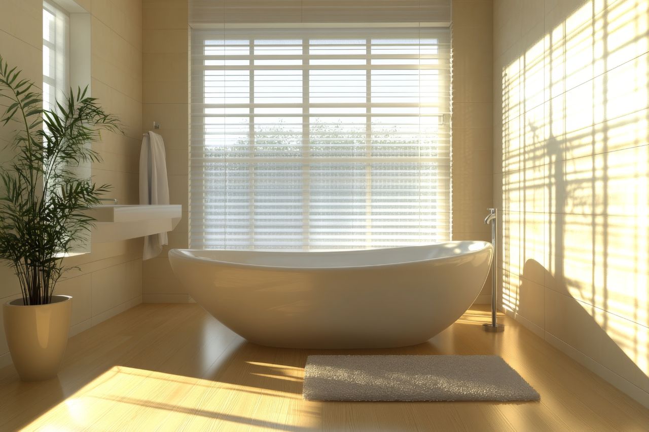 beautiful and spacious bathroom with window blinds installed