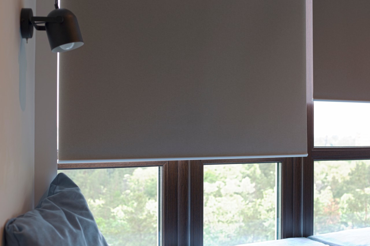 Remote Control Shades (motorized blinds) are near the sofa with the pillow.
