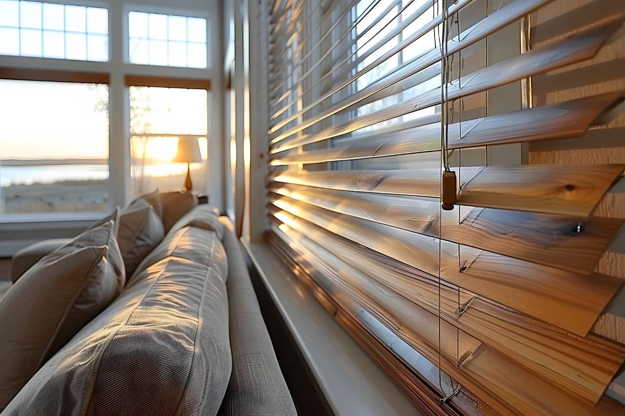 Sunset Rays Through Window Blinds in Cozy Living Room
