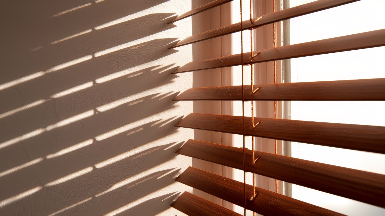 window with brown blinds